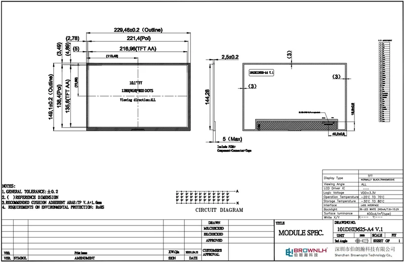 Écran TFT IPS 10.1 pouces 1280 x 800 px avec interface LVDS, sans fonction tactile