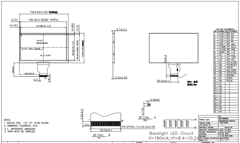 Écran TFT standard de 7.0 pouces (800 x 480 pixels) haute luminosité, sans fonction tactile