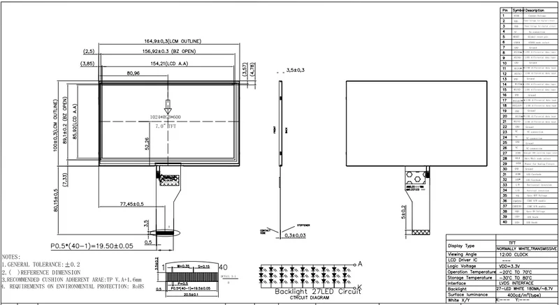Écran TFT standard 7.0 pouces 1024 x 600 px haute luminosité avec interface LVDS, sans fonction tactile