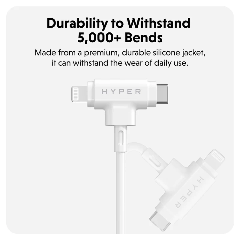 HyperJuice Câble hybride USB-C et Lightning en silicone (1,5 m) - Blanc