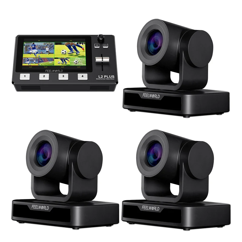 Ensemble de commutateur vidéo FEELWORLD L2 PLUS et de 3 caméras PTZ USB10X