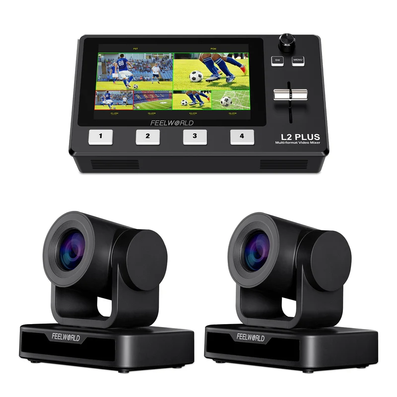 Ensemble de commutateur vidéo FEELWORLD L2 PLUS et de 2 caméras PTZ USB10X