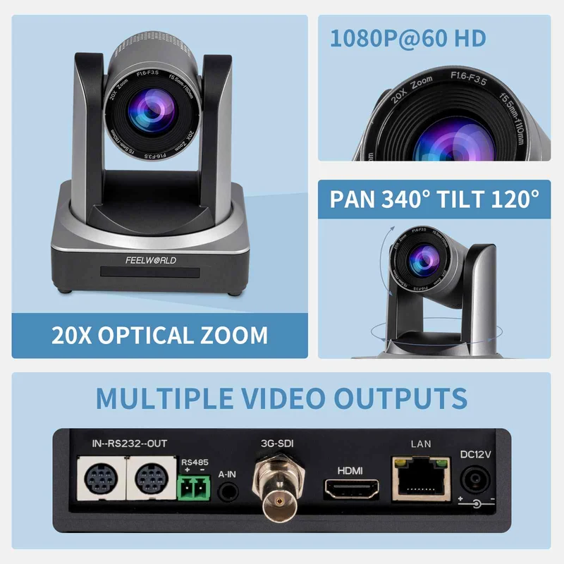 FEELWORLD POE20X Caméra PTZ de streaming en direct HDMI 3G-SDI HDMI simultanée avec zoom 20X PoE pris en charge