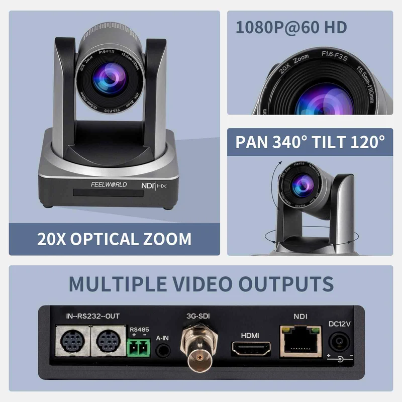 FEELWORLD NDI20X 3G-SDI HDMI NDI IP Streaming en direct simultané avec caméra PTZ avec prise en charge du zoom 20X PoE