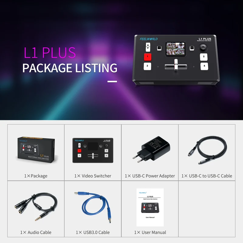 FEELWORLD L1 PLUS Mélangeur vidéo multi-caméras Switcher 2" Touch PTZ Control 4K Input Live Streaming