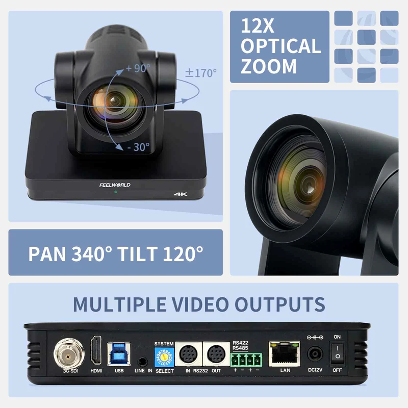 FEELWORLD UHD4K12X Caméra PTZ SDI HDMI USB IP Streaming en direct Zoom optique 12X 4K 30fps Prise en charge PoE