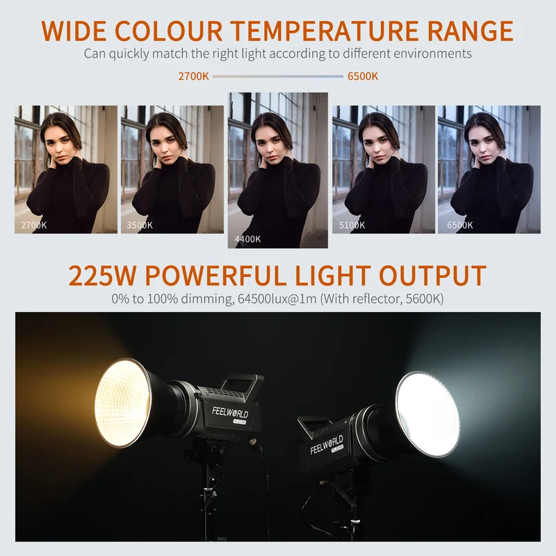 FEELWORLD FL225B Lampe de studio vidéo 225 W avec éclairage continu bicolore 2700K ~ 6500K
