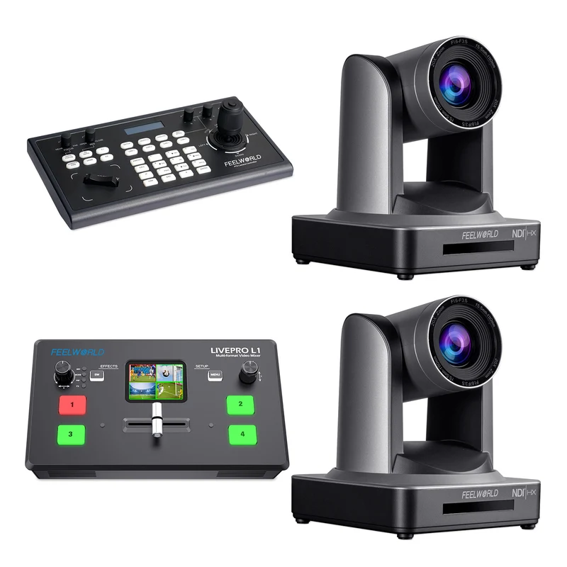Contrôleur PTZ FEELWORLD KBC10 et commutateur vidéo Livepro L1 V1 et ensemble de 2 caméras PTZ NDI20X