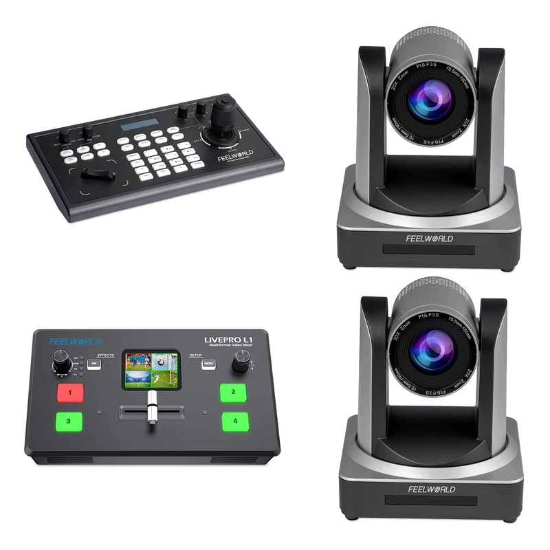 Contrôleur PTZ FEELWORLD KBC10 et commutateur vidéo Livepro L1 V1 et ensemble de 2 caméras PTZ POE20X