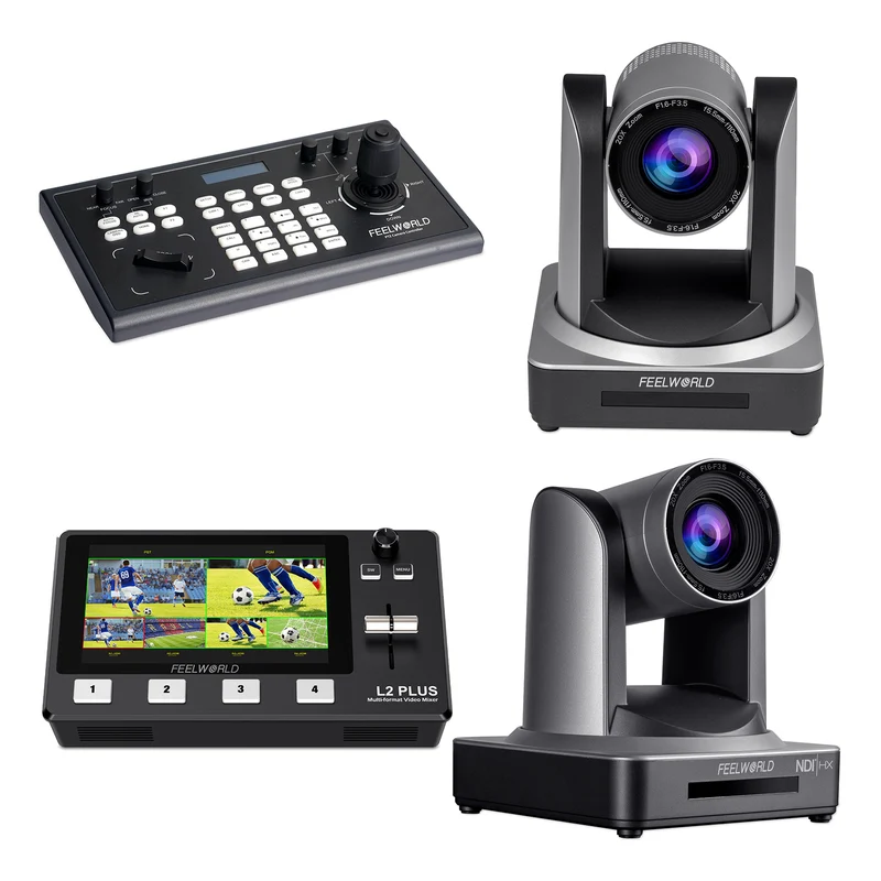Contrôleur PTZ FEELWORLD KBC10 et commutateur vidéo L2 Plus et caméra PTZ POE20X et ensemble de caméras PTZ NDI20X