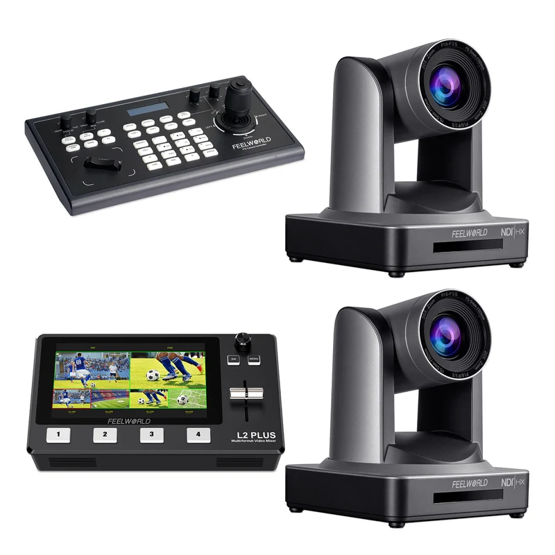 Contrôleur PTZ FEELWORLD KBC10 et commutateur vidéo L2 Plus et ensemble de 2 caméras PTZ NDI20X