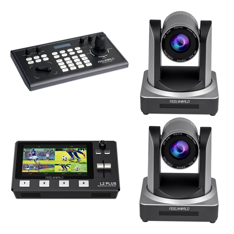 Contrôleur PTZ FEELWORLD KBC10 et commutateur vidéo L2 Plus et ensemble de 2 caméras PTZ POE20X