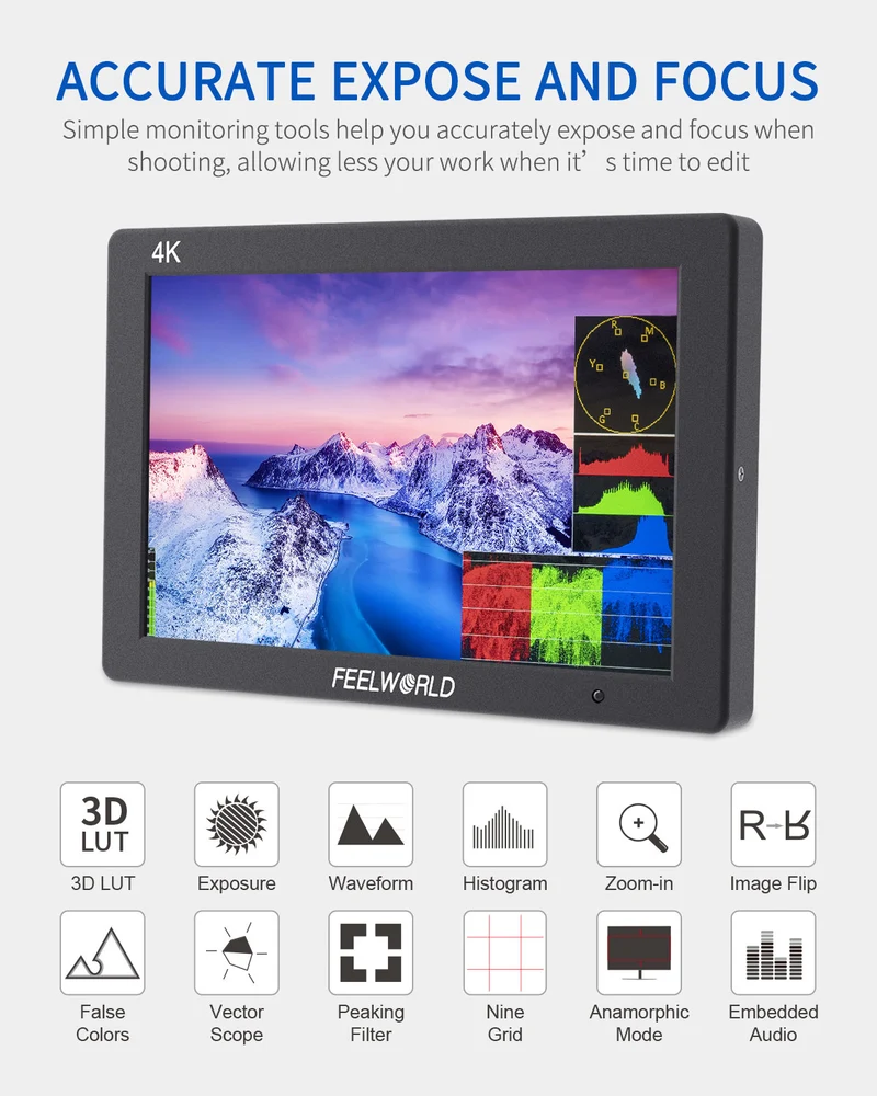 FEELWORLD T7 PLUS Moniteur de champ de caméra DSLR 7D LUT de 3 pouces avec boîtier en aluminium HDMI 4K de forme d'onde