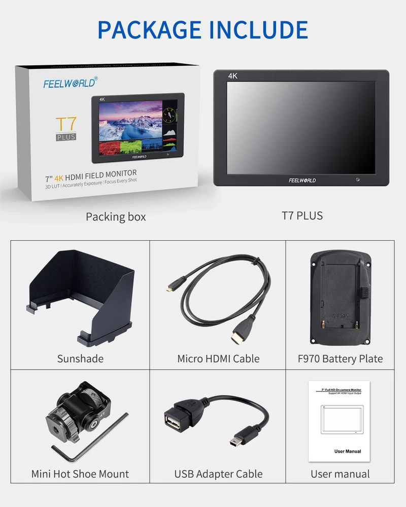 FEELWORLD T7 PLUS Moniteur de champ de caméra DSLR 7D LUT de 3 pouces avec boîtier en aluminium HDMI 4K de forme d'onde