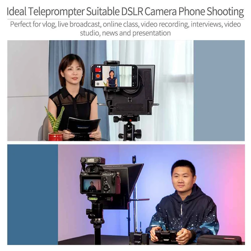 Le téléprompteur portable FEELWORLD TP2A de 8 " prend en charge la prise de vue avec un smartphone DSLR