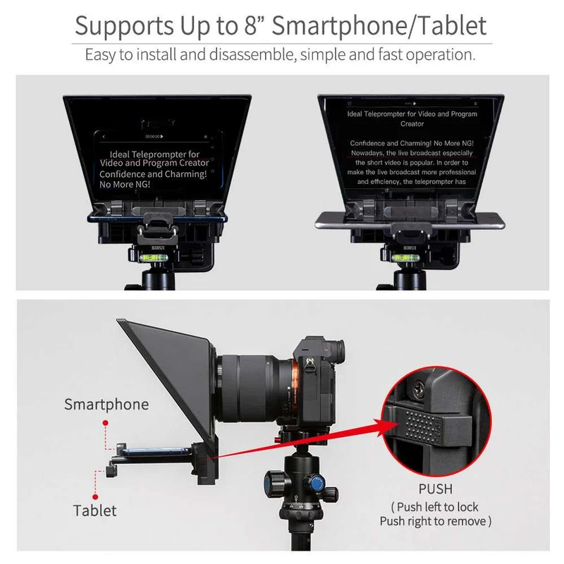 Le téléprompteur portable FEELWORLD TP2A de 8 " prend en charge la prise de vue avec un smartphone DSLR