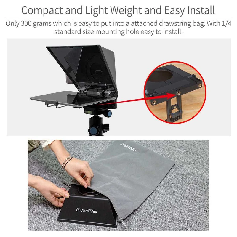 Le téléprompteur portable FEELWORLD TP2A de 8 " prend en charge la prise de vue avec un smartphone DSLR