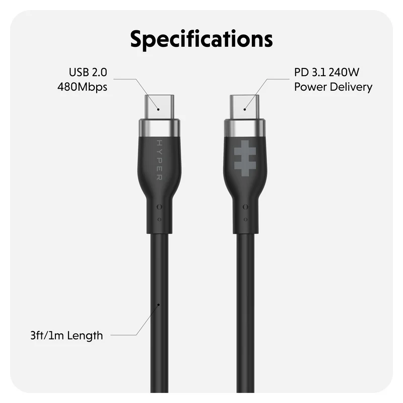 HyperJuice 240W Silicone USB-C to USB-C Cable (6ft/2m) - Noir