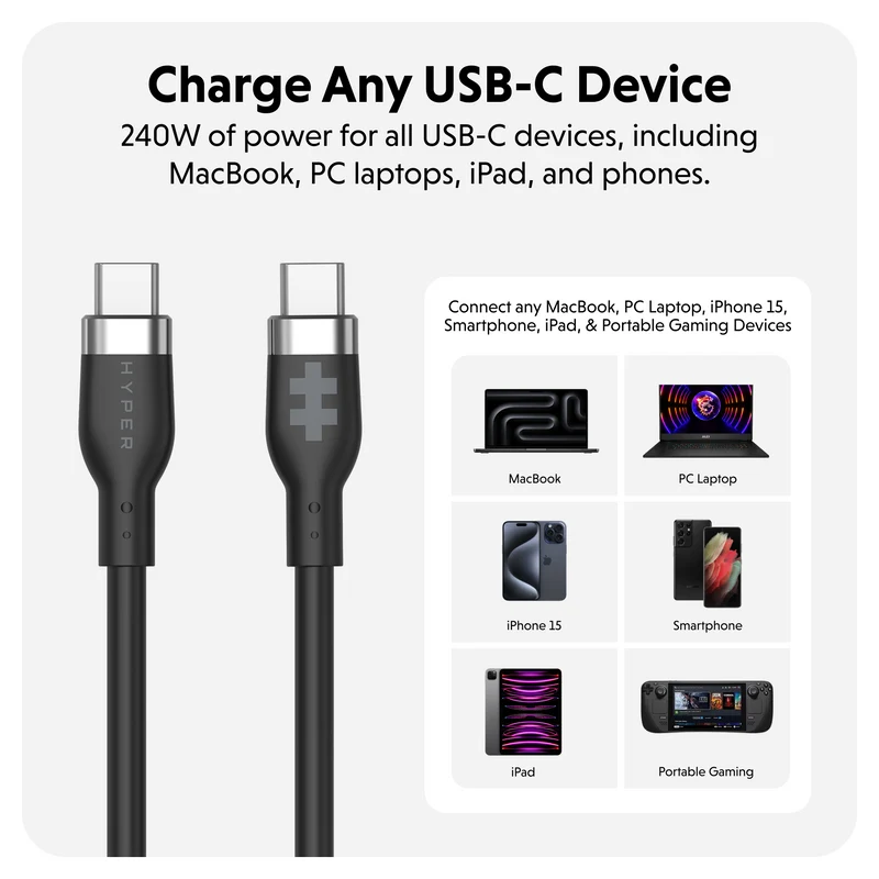 HyperJuice 240W Silicone USB-C to USB-C Cable (6ft/2m) - Noir