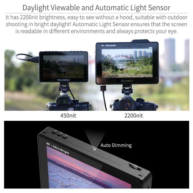 FEELWORLD LUT7S PRO 7 pouces 2200nits DSLR caméra moniteur de terrain 3D LUT Touch 4K HDMI 3G-SDI F970 Kit