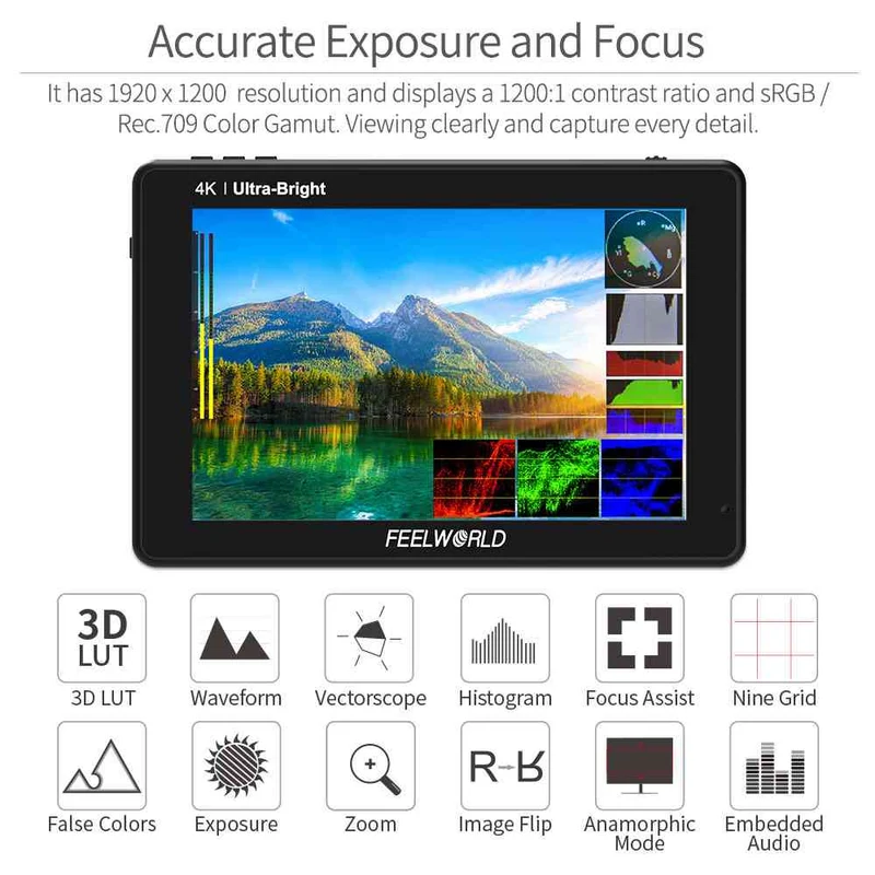 FEELWORLD LUT7S PRO 7 pouces 2200nits DSLR caméra moniteur de terrain 3D LUT Touch 4K HDMI 3G-SDI F970 Kit