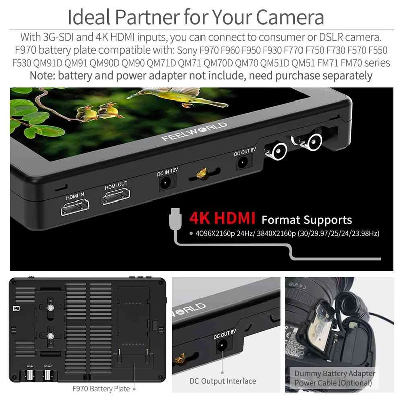 FEELWORLD LUT7S PRO 7 pouces 2200nits DSLR caméra moniteur de terrain 3D LUT Touch 4K HDMI 3G-SDI F970 Kit