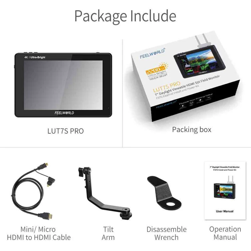 FEELWORLD LUT7S PRO 7 pouces 2200nits DSLR caméra moniteur de terrain 3D LUT Touch 4K HDMI 3G-SDI F970 Kit