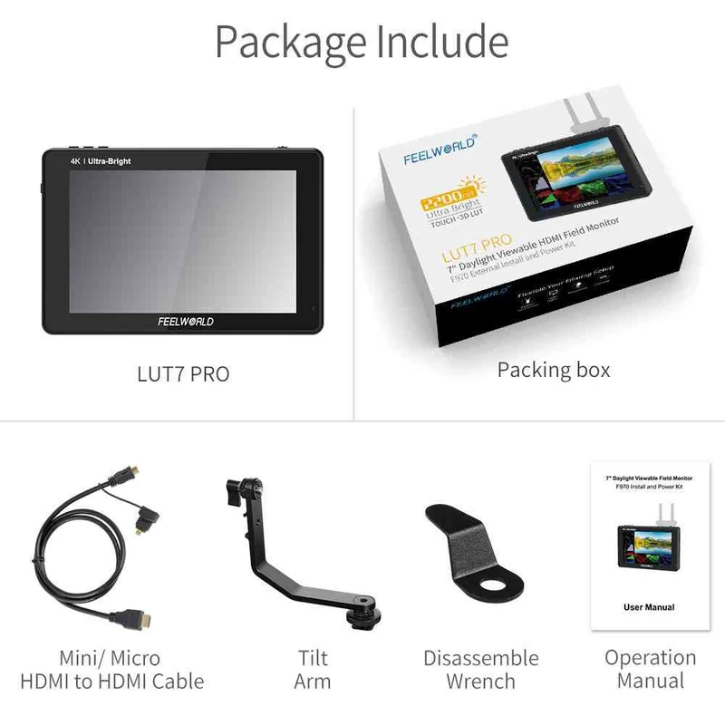 FEELWORLD LUT7 PRO 7 pouces 2200nits appareil photo reflex numérique moniteur de terrain LUT Touch F970 Kit externe HDMI