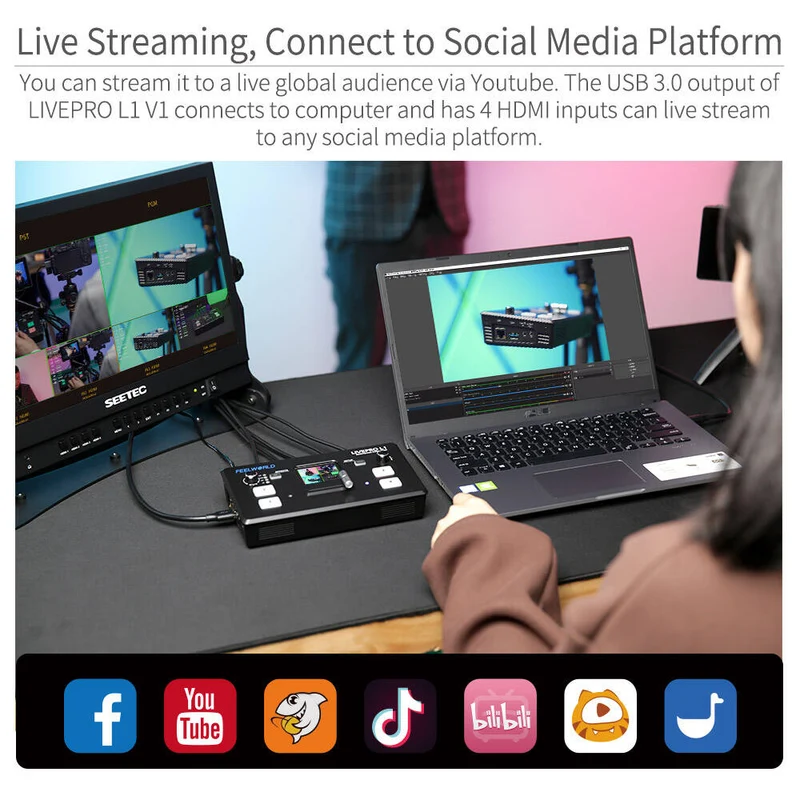 FEELWORLD LIVEPRO L1 V1 Multi caméra mélangeur vidéo commutateur écran LCD 4 entrée HDMI USB3.0 flux en direct
