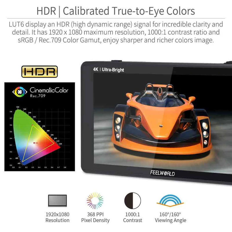 Moniteur pour appareil photo reflex numérique FEELWORLD LUT6S 6 pouces, 2600 nits, ultra lumineux, écran tactile, HDR, SDI, 4K, HDMI