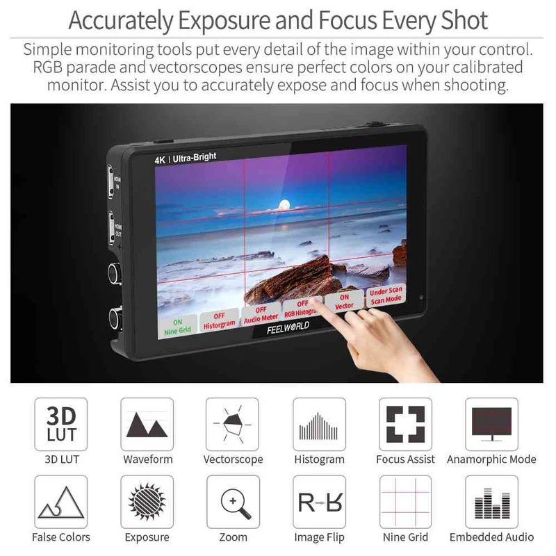 Moniteur pour appareil photo reflex numérique FEELWORLD LUT6S 6 pouces, 2600 nits, ultra lumineux, écran tactile, HDR, SDI, 4K, HDMI