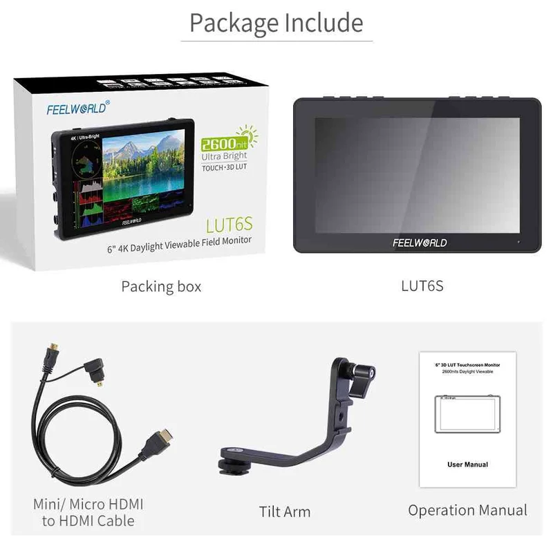 Moniteur pour appareil photo reflex numérique FEELWORLD LUT6S 6 pouces, 2600 nits, ultra lumineux, écran tactile, HDR, SDI, 4K, HDMI