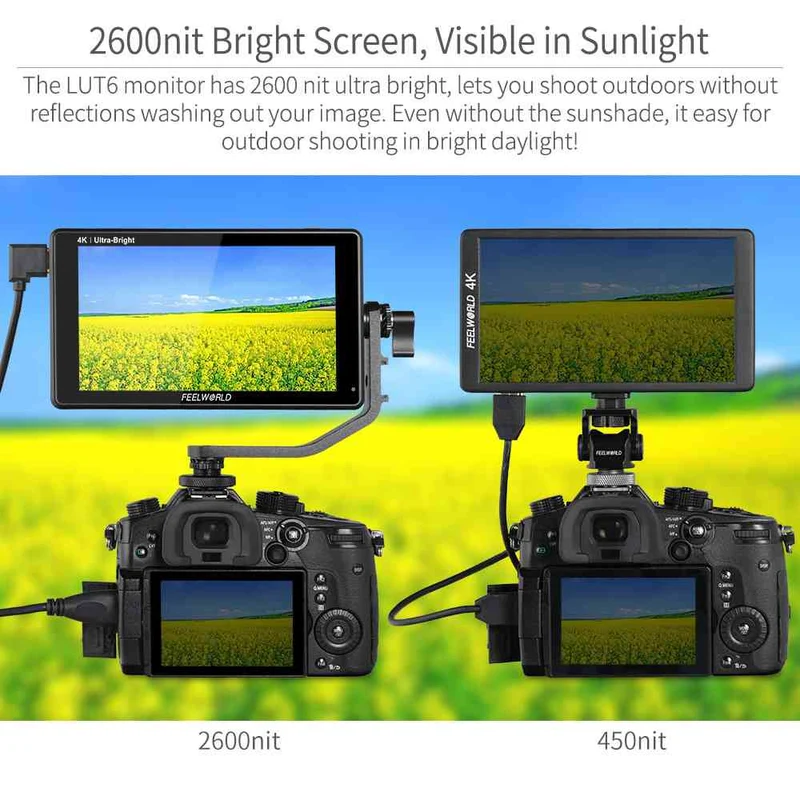 Moniteur tactile FEELWORLD LUT6 6 pouces 2600 nits pour appareil photo reflex numérique, ultra-lumineux, HDR 4K, HDMI