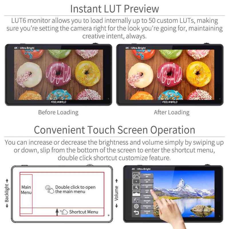 Moniteur tactile FEELWORLD LUT6 6 pouces 2600 nits pour appareil photo reflex numérique, ultra-lumineux, HDR 4K, HDMI
