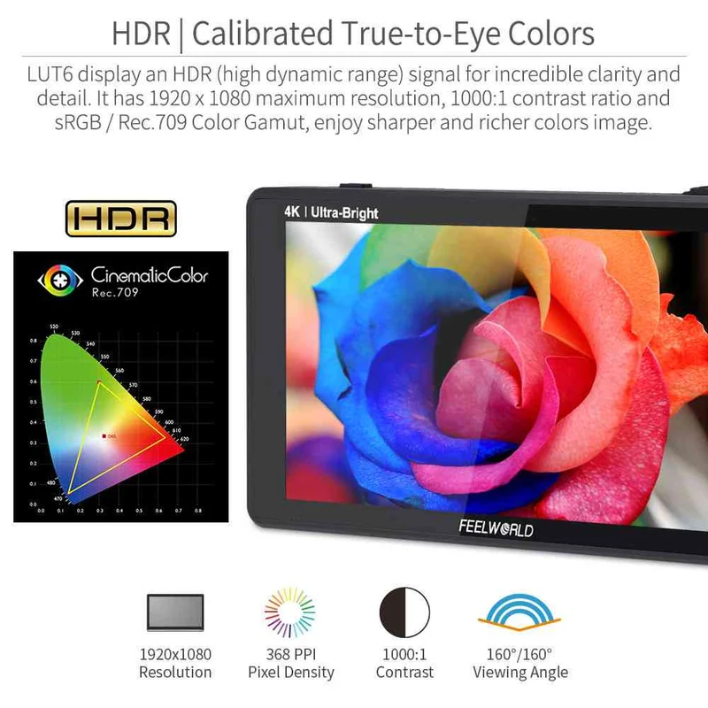 Moniteur tactile FEELWORLD LUT6 6 pouces 2600 nits pour appareil photo reflex numérique, ultra-lumineux, HDR 4K, HDMI
