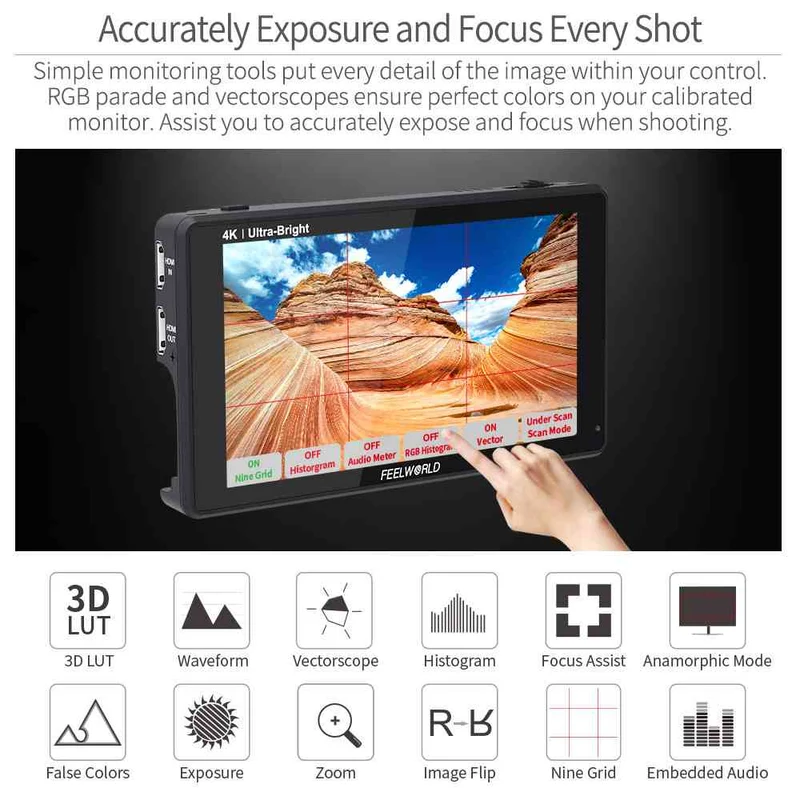 Moniteur tactile FEELWORLD LUT6 6 pouces 2600 nits pour appareil photo reflex numérique, ultra-lumineux, HDR 4K, HDMI