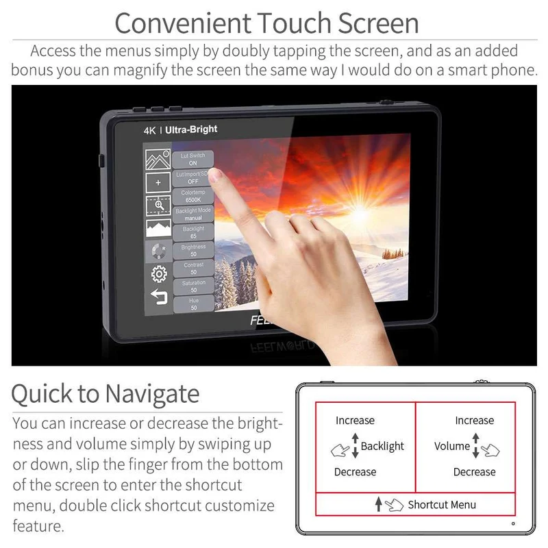 Moniteur tactile 4K HDMI FEELWORLD LUT7 7 pouces 2200 nits pour appareil photo reflex numérique, ultra lumineux, à champ de vision ultra-fin.