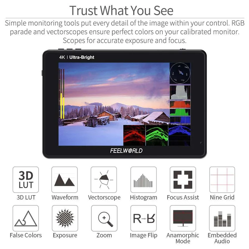 Moniteur tactile 4K HDMI FEELWORLD LUT7 7 pouces 2200 nits pour appareil photo reflex numérique, ultra lumineux, à champ de vision ultra-fin.