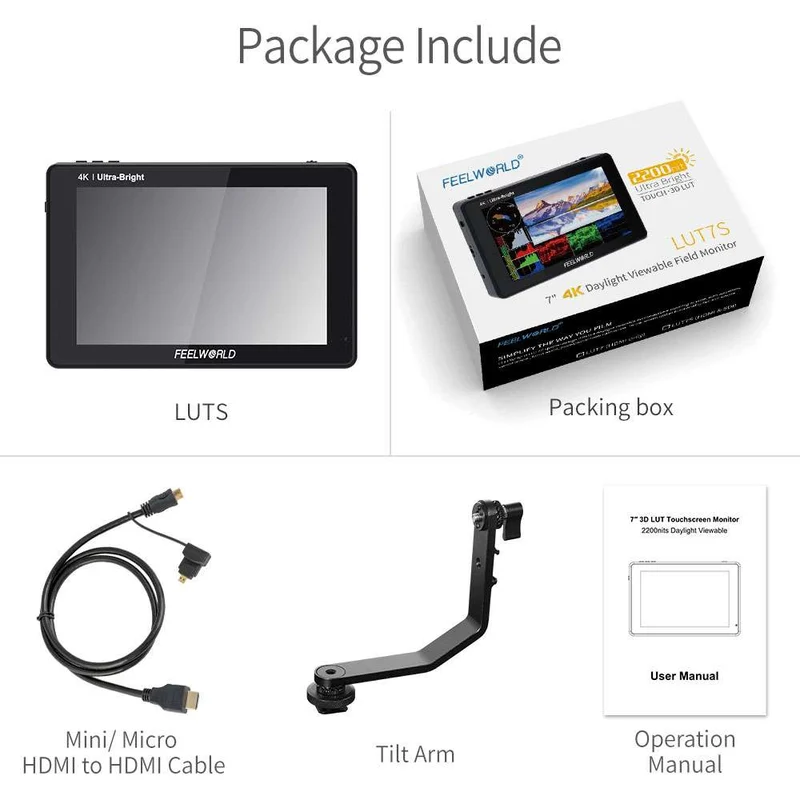 Moniteur tactile 4K HDMI FEELWORLD LUT7 7 pouces 2200 nits pour appareil photo reflex numérique, ultra lumineux, à champ de vision ultra-fin.