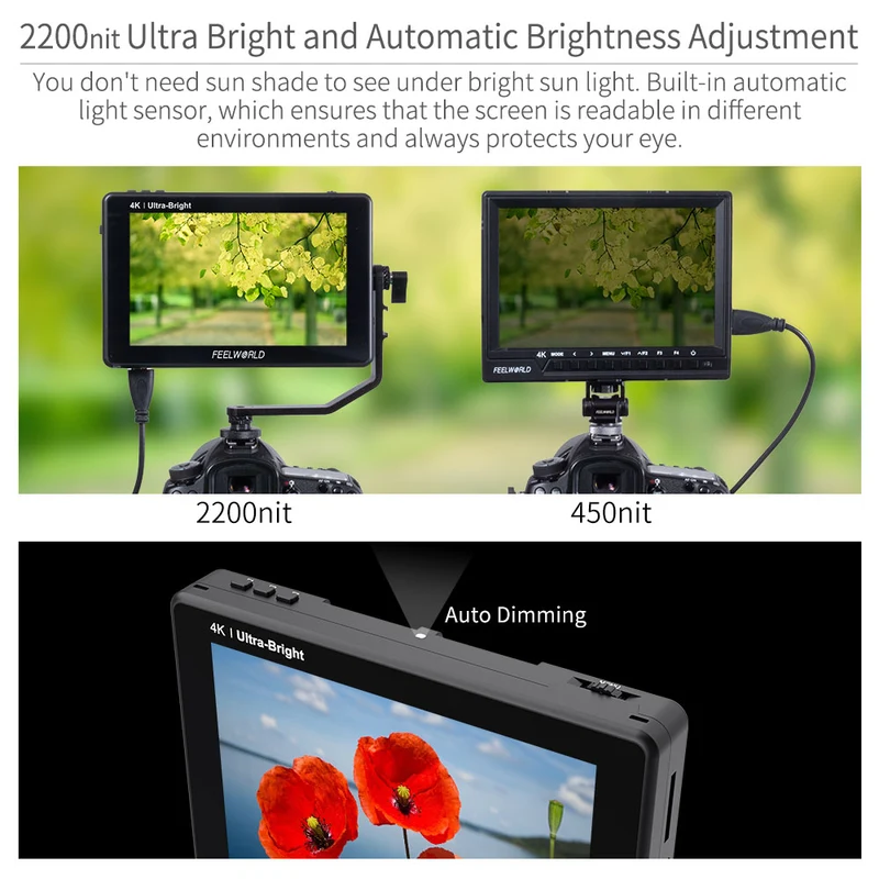 Moniteur tactile FEELWORLD LUT7S 7 pouces 2200 nits pour appareil photo reflex numérique, ultra-lumineux, compatible 3G-SDI et 4K HDMI.