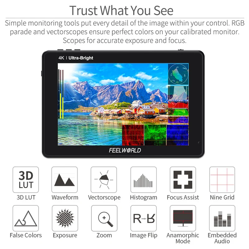 Moniteur tactile FEELWORLD LUT7S 7 pouces 2200 nits pour appareil photo reflex numérique, ultra-lumineux, compatible 3G-SDI et 4K HDMI.