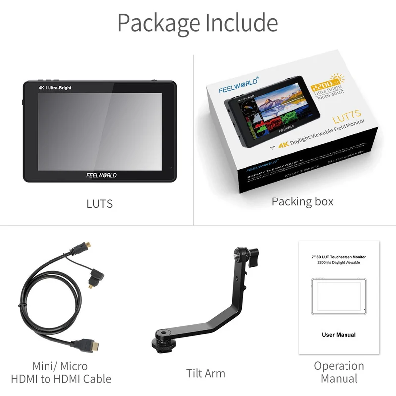 Moniteur tactile FEELWORLD LUT7S 7 pouces 2200 nits pour appareil photo reflex numérique, ultra-lumineux, compatible 3G-SDI et 4K HDMI.