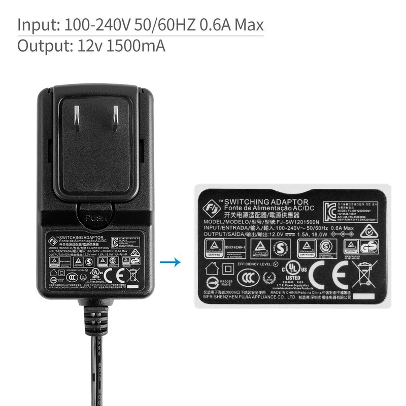 FEELWORLD DC 12V 1.5A alimentation à découpage adaptateur secteur standard américain pour 100V - 240V AC 50 / 60Hz