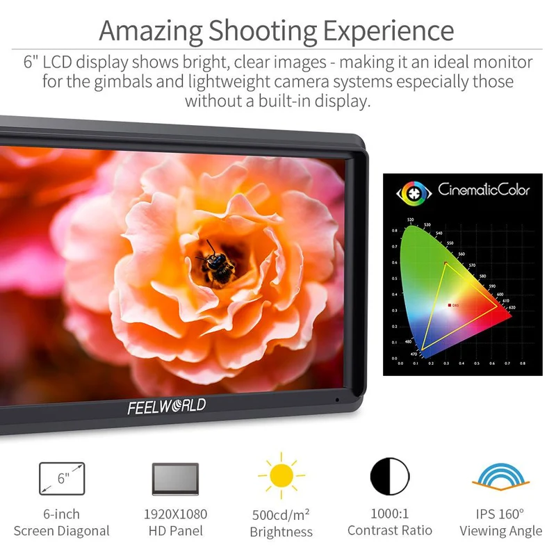 Moniteur de terrain FEELWORLD S55 V3 6 pouces 450 nits pour appareil photo reflex numérique, assistance vidéo, écran IPS 4K 1920 x 1152, sortie HDMI CC avec LUT 3D