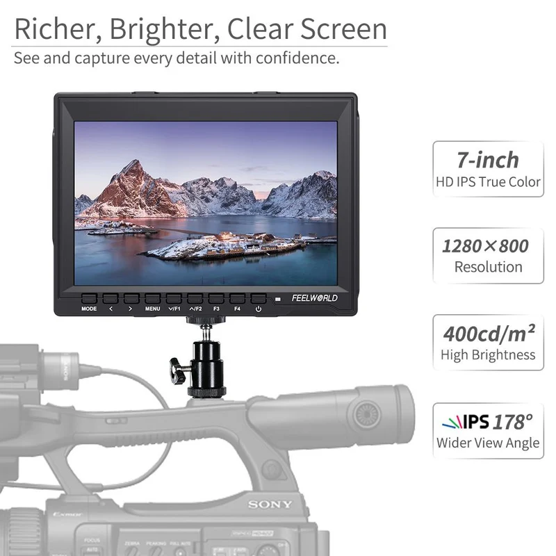 Moniteur de terrain FEELWORLD FW759 7 pouces 400 nits pour appareils photo reflex numériques, assistance vidéo HD, dalle IPS 1280 x 800, 4K, HDMI
