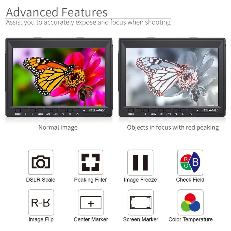 Moniteur de terrain FEELWORLD FW759 7 pouces 400 nits pour appareils photo reflex numériques, assistance vidéo HD, dalle IPS 1280 x 800, 4K, HDMI