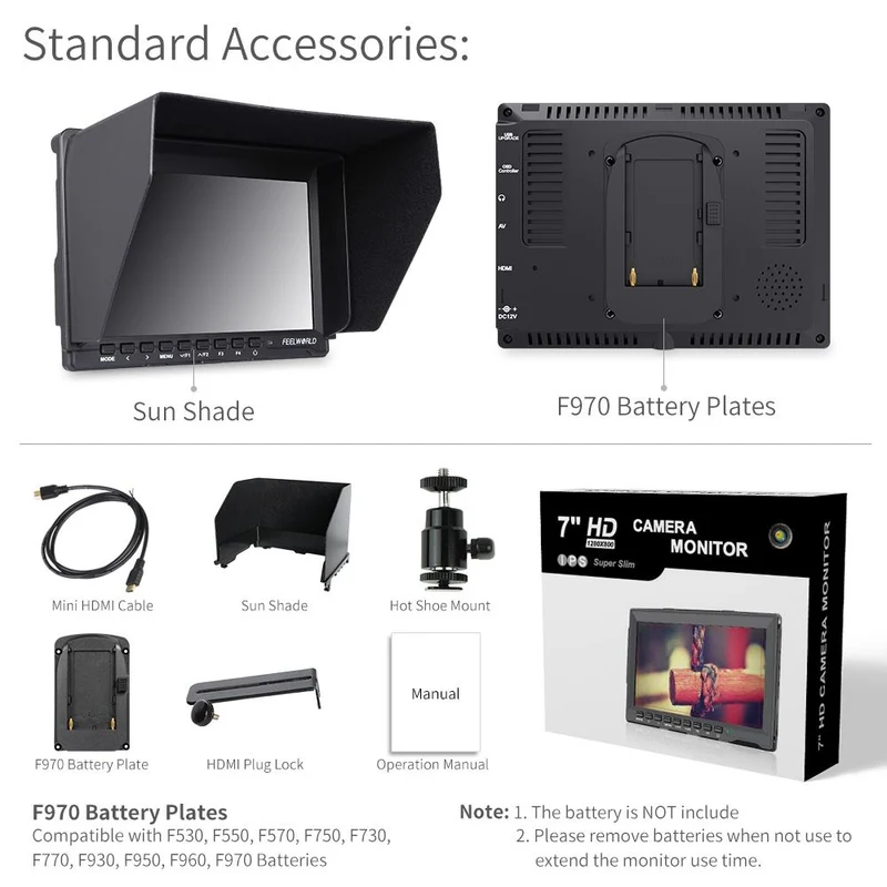 Moniteur de terrain FEELWORLD FW759 7 pouces 400 nits pour appareils photo reflex numériques, assistance vidéo HD, dalle IPS 1280 x 800, 4K, HDMI
