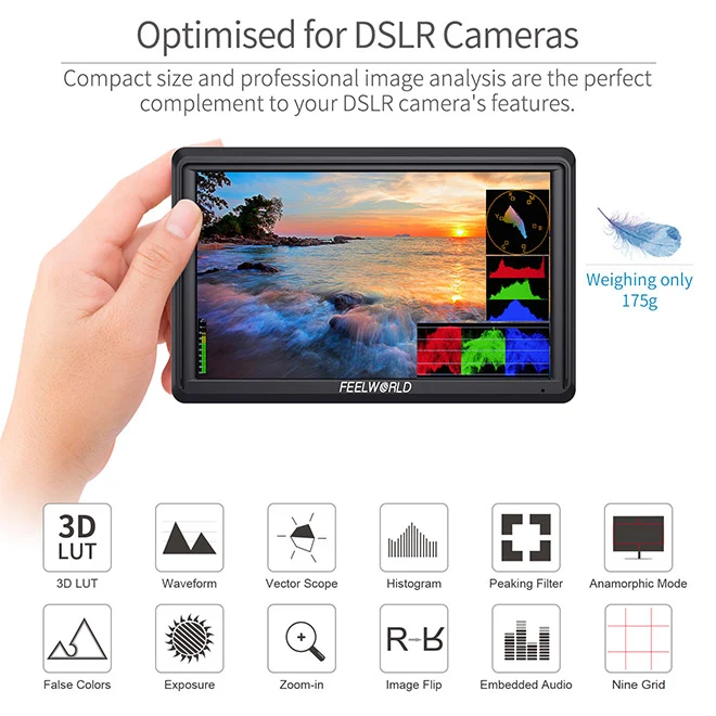 Moniteur de terrain FEELWORLD FW568 V3 6 pouces 450 nits pour appareils photo reflex numériques, résolution 1920 x 1080, compatible avec les entrées et sorties HDMI.