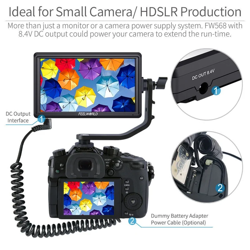 Moniteur de terrain FEELWORLD FW568 V3 6 pouces 450 nits pour appareils photo reflex numériques, résolution 1920 x 1080, compatible avec les entrées et sorties HDMI.