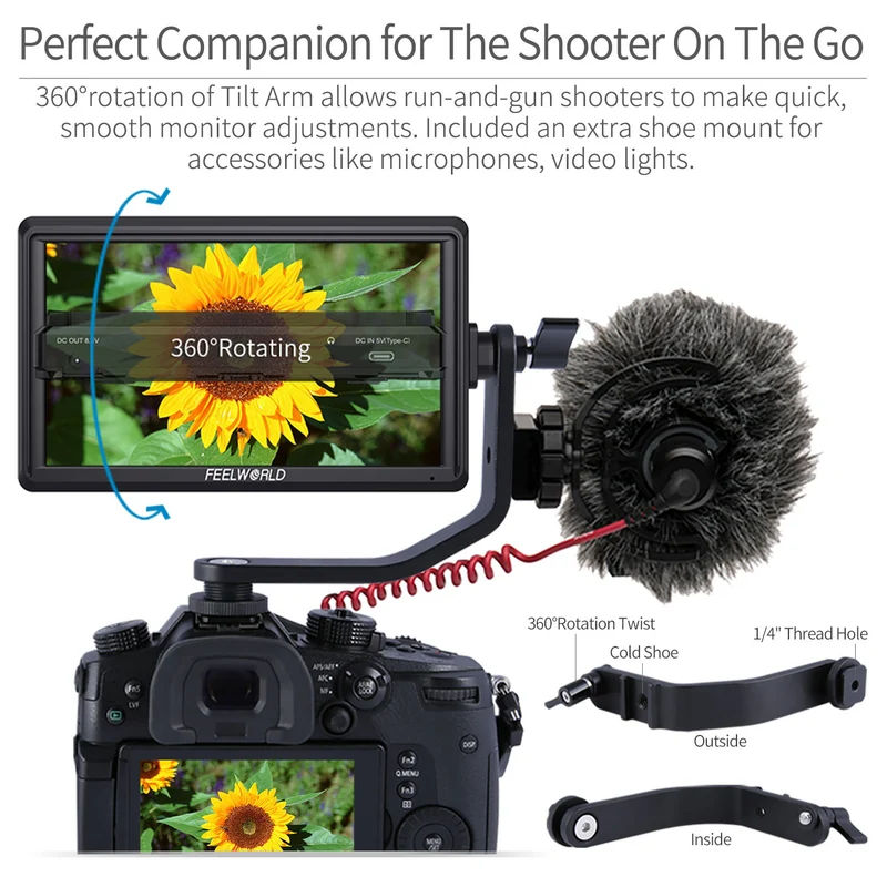 Moniteur de terrain FEELWORLD FW568 V3 6 pouces 450 nits pour appareils photo reflex numériques, résolution 1920 x 1080, compatible avec les entrées et sorties HDMI.